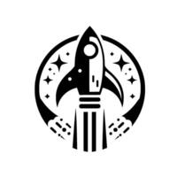 Bold black and white a rocket ship taking off, encircled by a ring with stars, and with stylized flames below. vector