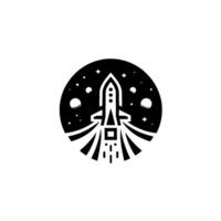 A minimalist black and white depicting a rocket blasting off in front of a starry cosmic background, encapsulated in a circular frame. vector