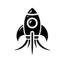 Sleek, minimalist black and white rocket ship with rounded cockpit window, fins, and subtle thruster detail, isolated on a clean white background. vector