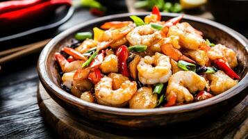 Succulent shrimp stir-fried with colorful vegetables in a wooden bowl on a rustic table with fresh ingredients in the background photo