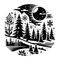 Serene winter landscape within a circle. featuring stylized evergreen trees, a large moon, falling snow, and a minimalist, aesthetic. vector