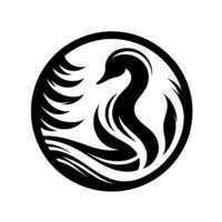 Elegant black and white swan silhouette enclosed in a circular frame, depicting grace and serenity in minimalist form. vector