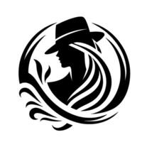 Silhouette of a woman in a fedora surrounded by stylized swirls and leaves, within a circular frame, rendered in bold black and white. vector