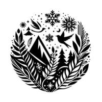 A monochrome circular featuring winter elements mountains, trees, snowflakes, birds, foliage, stars, and a crescent moon. vector