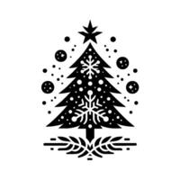 A minimalist black and white christmas illustration featuring a decorated tree with snowflakes, stars, and a simple, stylized base on a white backdrop. vector