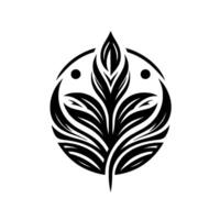 A symmetrical, stylized black and white floral within a circle, featuring elongated leaves, dots, and a central bud, set against a pure white background. vector