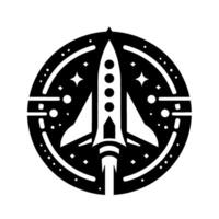 A stylized black and white featuring a rocket ship blasting off inside a circular frame, complete with stars and space elements. vector