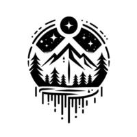 A stylized black and white illustration of a mountainous landscape within a circle, with a starry night sky, trees, and a minimalist drip effect at the bottom. vector