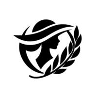 Elegant silhouette of a woman wearing a widebrimmed hat, laurel wreath emblem within a circular frame, monochrome and stylized. vector