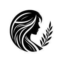 Elegant silhouette of a woman with flowing hair and laurel branch in a circular design, symbolizing grace and natures beauty, against white backdrop. vector