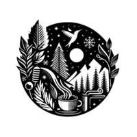 A cozy winter scene in a black circle, with a hummingbird, trees, mountains, snowflakes, a full moon, and a steaming cup of coffee. vector