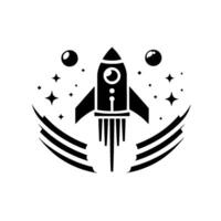 A monochrome illustration depicting a stylized rocket ship blasting off, surrounded by stars, bubbles and an arched trail, against a plain white background. vector