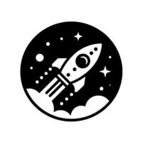 Minimalist illustration of a rocket ship launching into space, enclosed within a black circular border with stars and dots, creating a sense of exploration and progress. vector