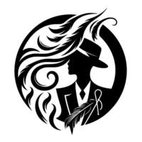 A silhouette of a gentleman in a hat, surrounded by swirling feathers and enclosed in a circular frame, exuding elegance. vector