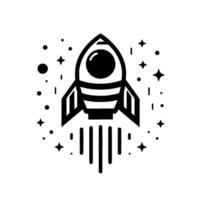 A sleek, minimalist black and white illustration of a rocket ship blasting off amidst stars and celestial dots, conveying themes of space exploration and futurism. vector