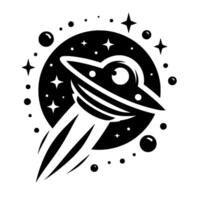 A minimalist black and white illustration depicts a retrostyle ufo, streaking across a starry cosmos within a circular frame, evoking a sense of vintage scifi. vector
