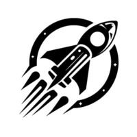 Bold black and white rocket ship emblem soaring through space within a decorative circular frame, complete with star embellishments. vector