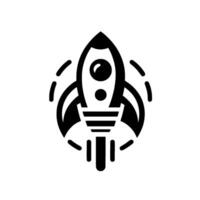Black and white minimalist rocket with circular exhaust and ascending trails against a clean white background. vector