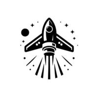Monochromatic illustration of a rocket blasting off, surrounded by stars and a planet, representing space exploration. vector
