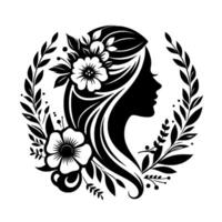 Elegant silhouette of a woman with flowing hair, adorned with floral embellishments and framed by a botanical wreath, in a stark black and white design. vector