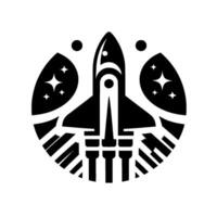 A minimalist monochrome featuring a space shuttle encircled by a stylized cosmos, stars, and geometric details, radiating a sense of ambition. vector