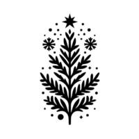 Festive black and white christmas tree silhouette adorned with snowflake and star accents against a clean white backdrop. vector