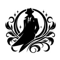 Silhouette of a man in a hat and coat, surrounded by circular frame with floral elements and star accents, in a sophisticated black and white design. vector