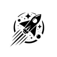 A stylized, monochromatic rocket ship illustration with exhaust trails, set against a backdrop of stars and celestial bodies, encased within a partial circular frame. vector