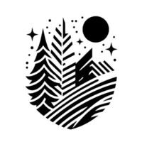 Stylized black and white mountainscape with trees, a full moon, and stars in a circular composition vector