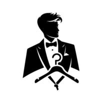 Silhouette of a dapper man in a tuxedo, with a question mark within a hanger, representing style, design, or uncertainty. vector