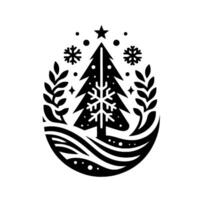 Silhouette illustration christmas tree ornament with snowflakes, star, and foliage, encapsulated in an oval frame. vector