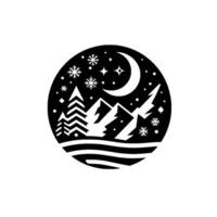 Winter night scene silhouette of mountains, trees, moon, stars, snowflakes within a black circle on a white background. vector