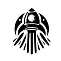 A minimalist, stylized black and white rocket ship with a circular window, decorative elements, and abstract flames against a white background. vector