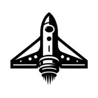 Bold black and white illustration of a retrofuturistic space shuttle with detailed engine and wing on a clean white background. vector