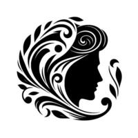 Elegant silhouette of a womans profile adorned with flowing floral and swirl accents, creating a decorative black and white emblem. vector