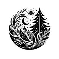 A stylized black and white holiday illustration showcasing a christmas tree, crescent moon, snowflake, stars, and intricate floral elements within a circular frame. vector