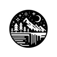 Nighttime mountainscape silhouette within a circle pines, crescent moon, stars, waterfall, and in black and white. vector