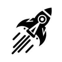 Sleek black and white rocket ship soaring upward, exuding speed, innovation, and futurefocused ambition, set against a clean white background. vector