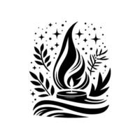 A black and white minimalistic illustration depicts a glowing candle with a stylized flame, surrounded by leaves, stars, and flowing lines, evoking a sense of peace and nature. vector