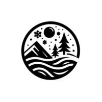 A minimalist monochrome winter landscape emblem featuring mountains, pine trees, snowflakes, and a sun within a circular frame, evoking a serene, cold atmosphere. vector