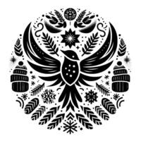 Intricate black and white winter folk art a bird with outspread wings adorned by snowflakes, berries, and beanie hats in a circular composition. vector