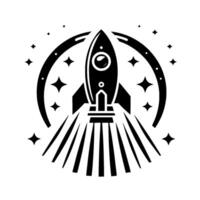 A minimalist black and white illustration showcasing a retrostyle rocket ship ascending towards the cosmos, ringed by stars, with bold, lines. vector