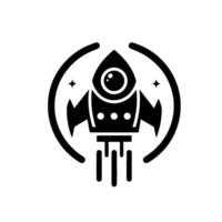 Monochromatic illustration of a retro rocket ship launching, framed by a circular with two stars, representing space exploration and innovation. vector