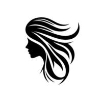 Elegant silhouette a flowing blackhaired female profile against a pristine white background, capturing beauty and grace with stylized lines. vector