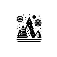 Minimalist black and white winter scene geometric trees, falling snowflakes, and a circular sun on a pristine white background. vector