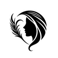 Elegant silhouette a womans profile intertwined with a featherlike element, forming a harmonious black and white emblem. vector