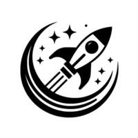 A sleek, monochrome rocketship illustration blasts off within a stylized crescent, surrounded by stars, symbolizing space exploration and ambition. vector