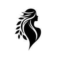 Elegant silhouette a womans profile adorns with flowing hair and leafy elements, embodying natures grace in a minimalist black and white design. vector