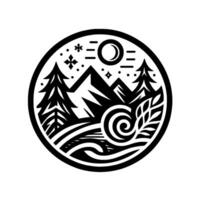 Circular monochrome illustration of a mountainous landscape with trees, moon, stars, and abstract water elements in a decorative, style. vector