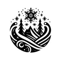 A stylized winter landscape in a circular composition featuring fir trees, mountains, and a snowflake, evoking a sense of serenity and the beauty of the season, depicted in monochrome. vector